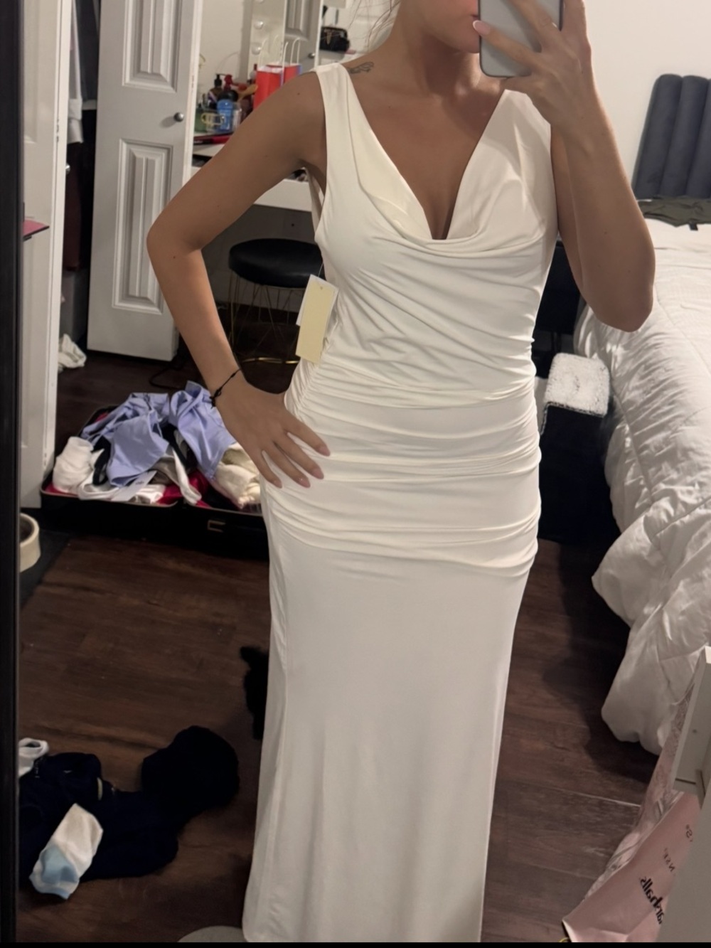 White Pearl Backless Cowl Neck Dress - Picture 4 of 4